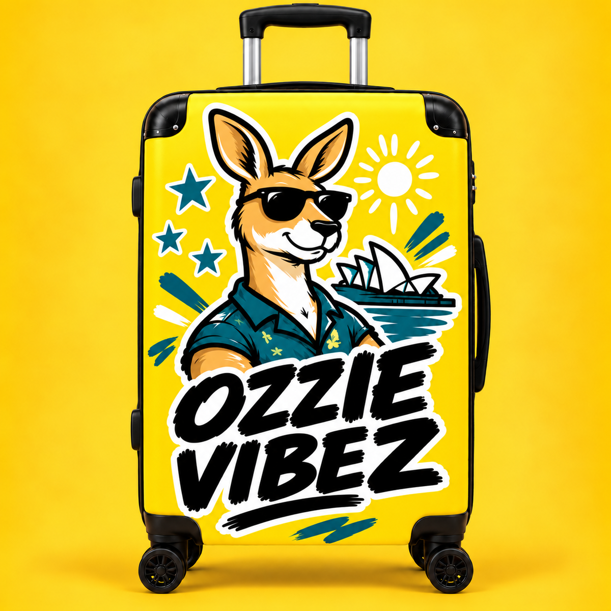 Ozzie Vibez kangaroo surfer suitcase | yellow travel luggage
