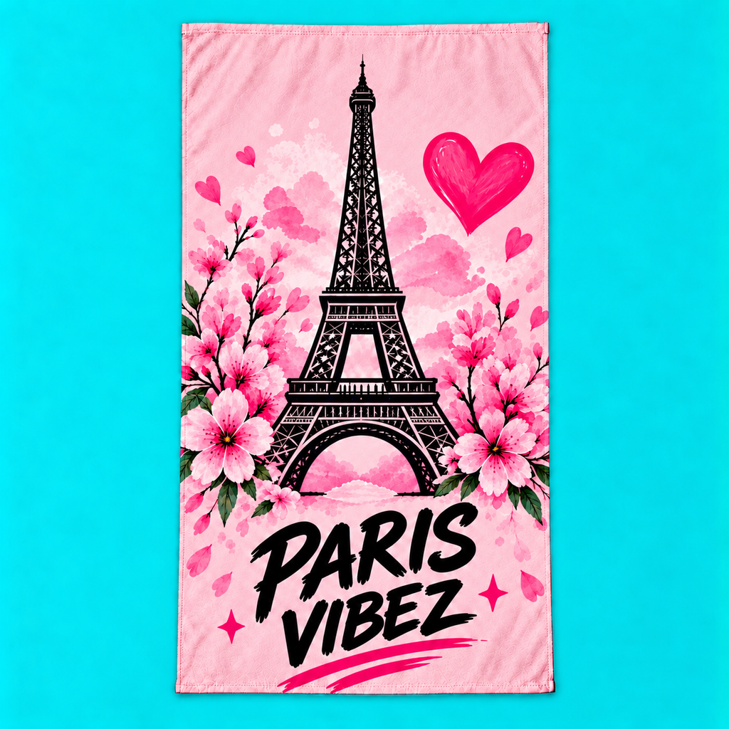 Paris Vibez Eiffel Tower Floral Beach Towel | Pink Cherry Blossom