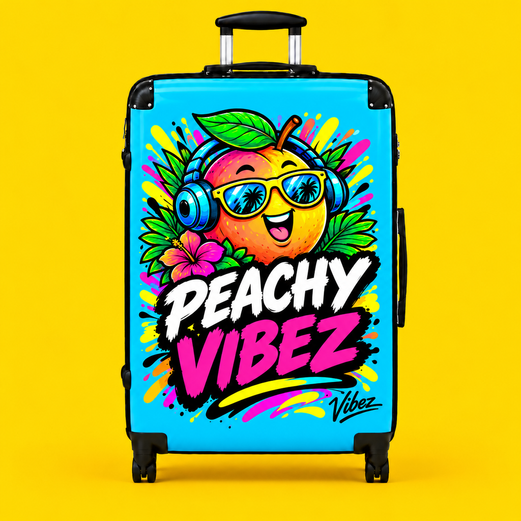 Peachy Vibez Suitcase | Colorful Cartoon Peach Graphic Travel Luggage