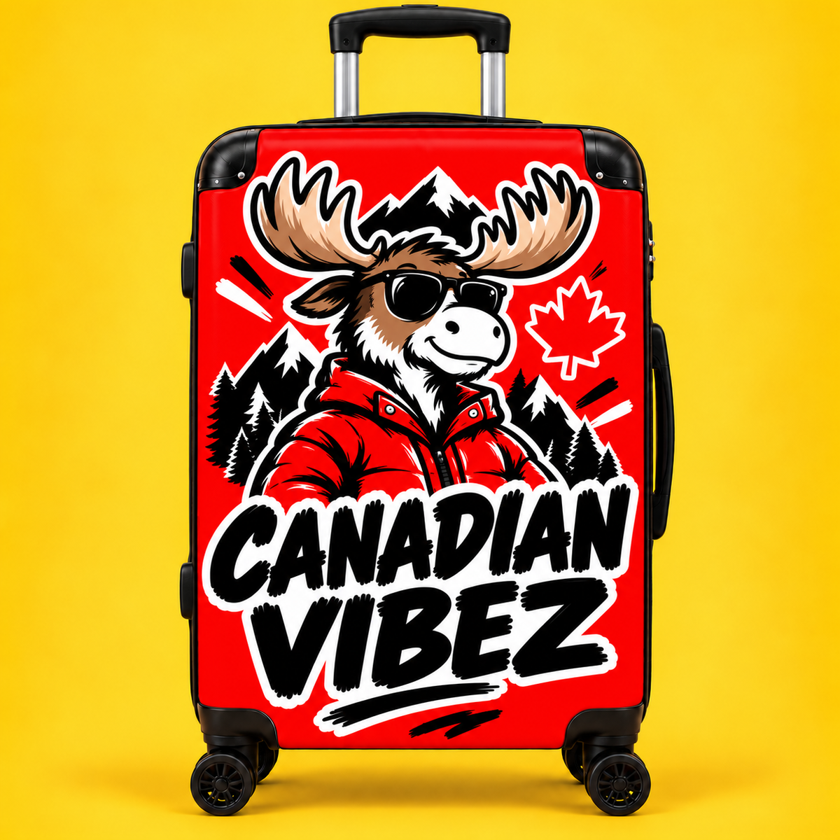 Canadian Vibez Moose Suitcase | Red Travel Luggage, Maple Leaf Design