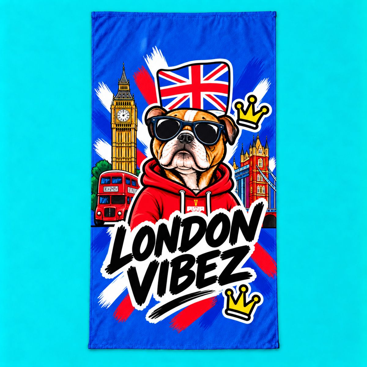 London Vibez Bulldog Illustration Beach Towel | Union Jack, Big Ben