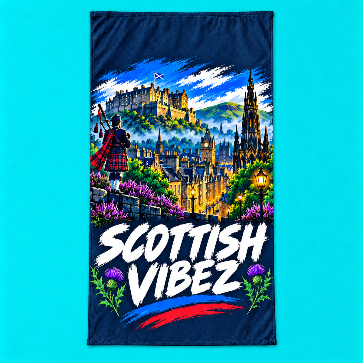 Scottish Vibez beach towel | Edinburgh skyline, thistle accents