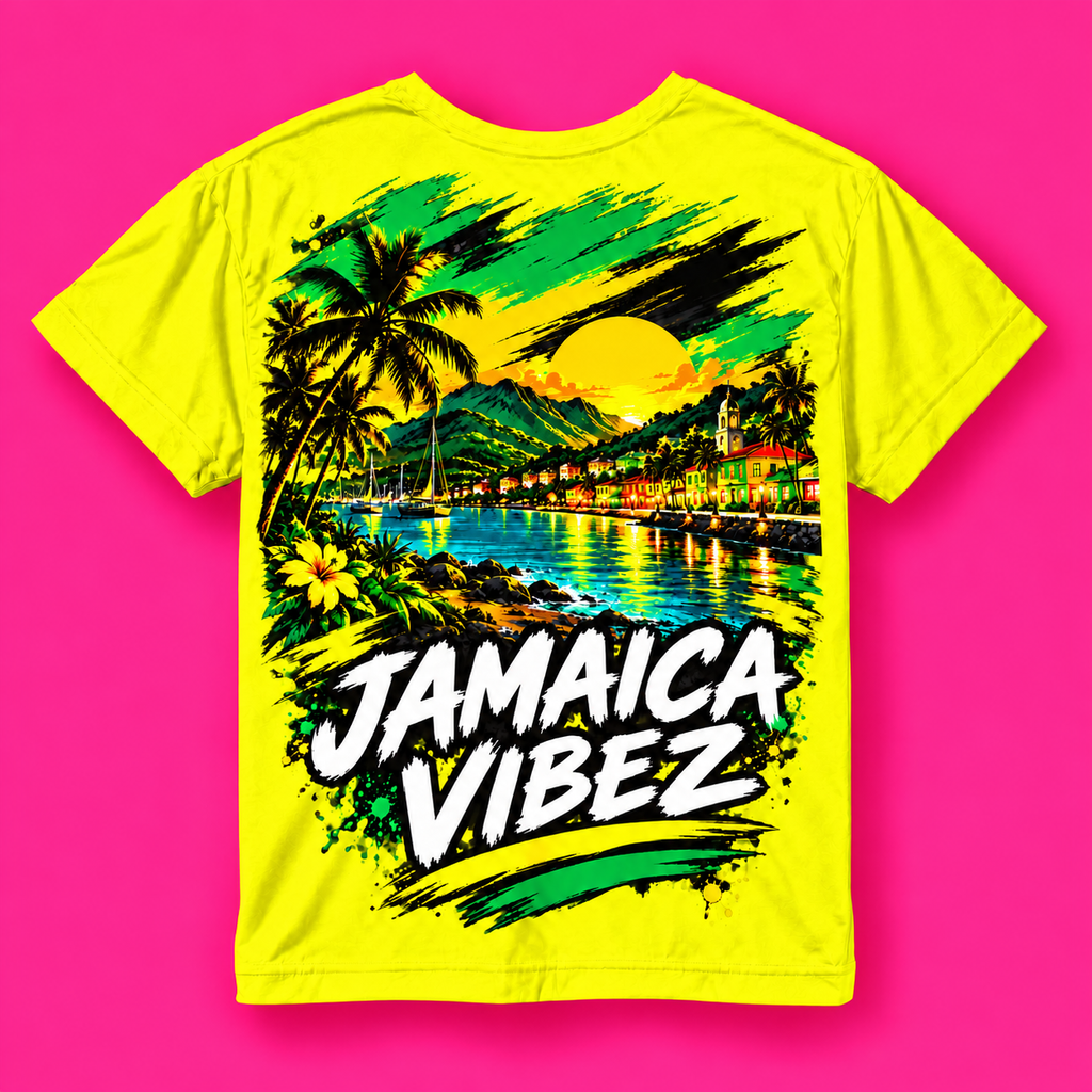 Jamaica Vibez Sunset Beach Scene Kids Jersey | Neon Yellow