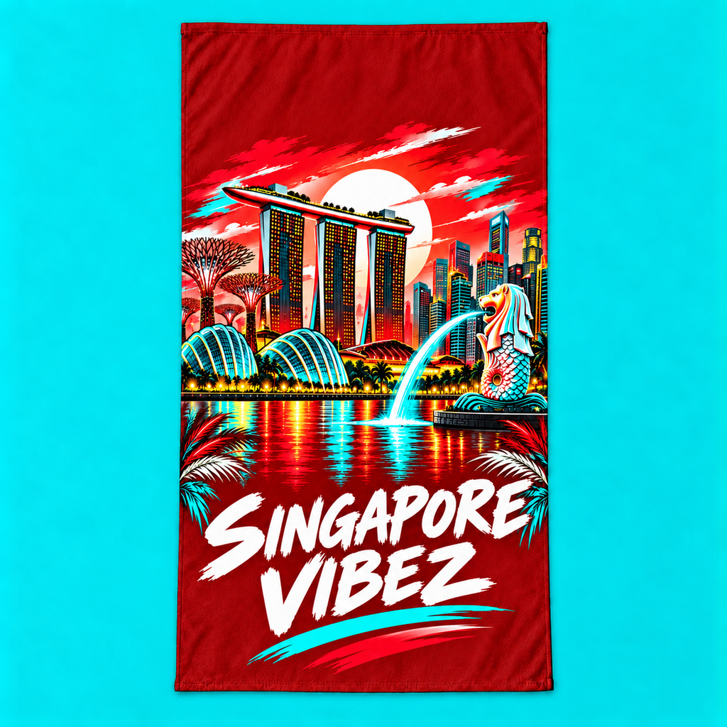 Singapore Vibez beach towel | Marina Bay skyline, Merlion illustration