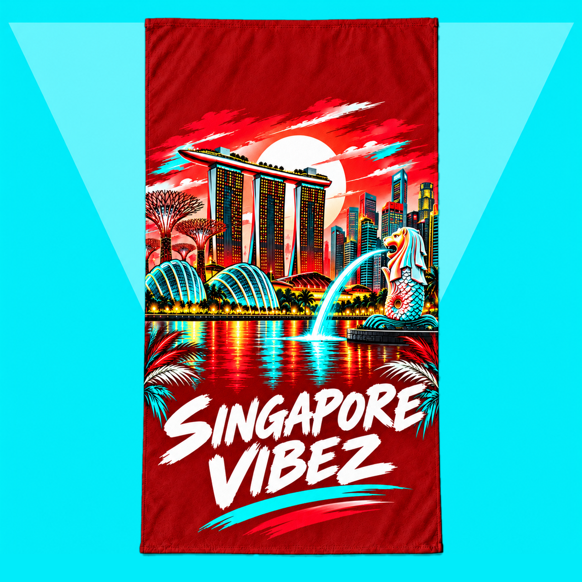 Singapore Vibez beach towel | Marina Bay skyline, Merlion illustration