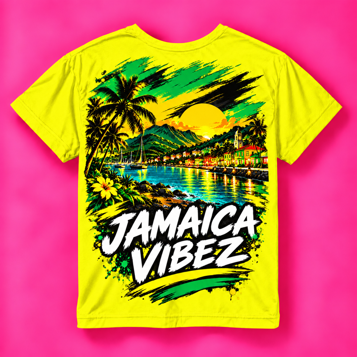Jamaica Vibez Sunset Beach Scene Kids Jersey | Neon Yellow