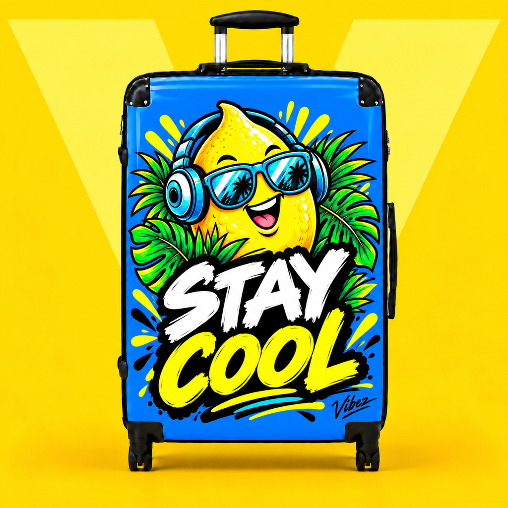 Stay Cool Lemon Character suitcase | Hard Shell Carry-On, Bright Tropical Design