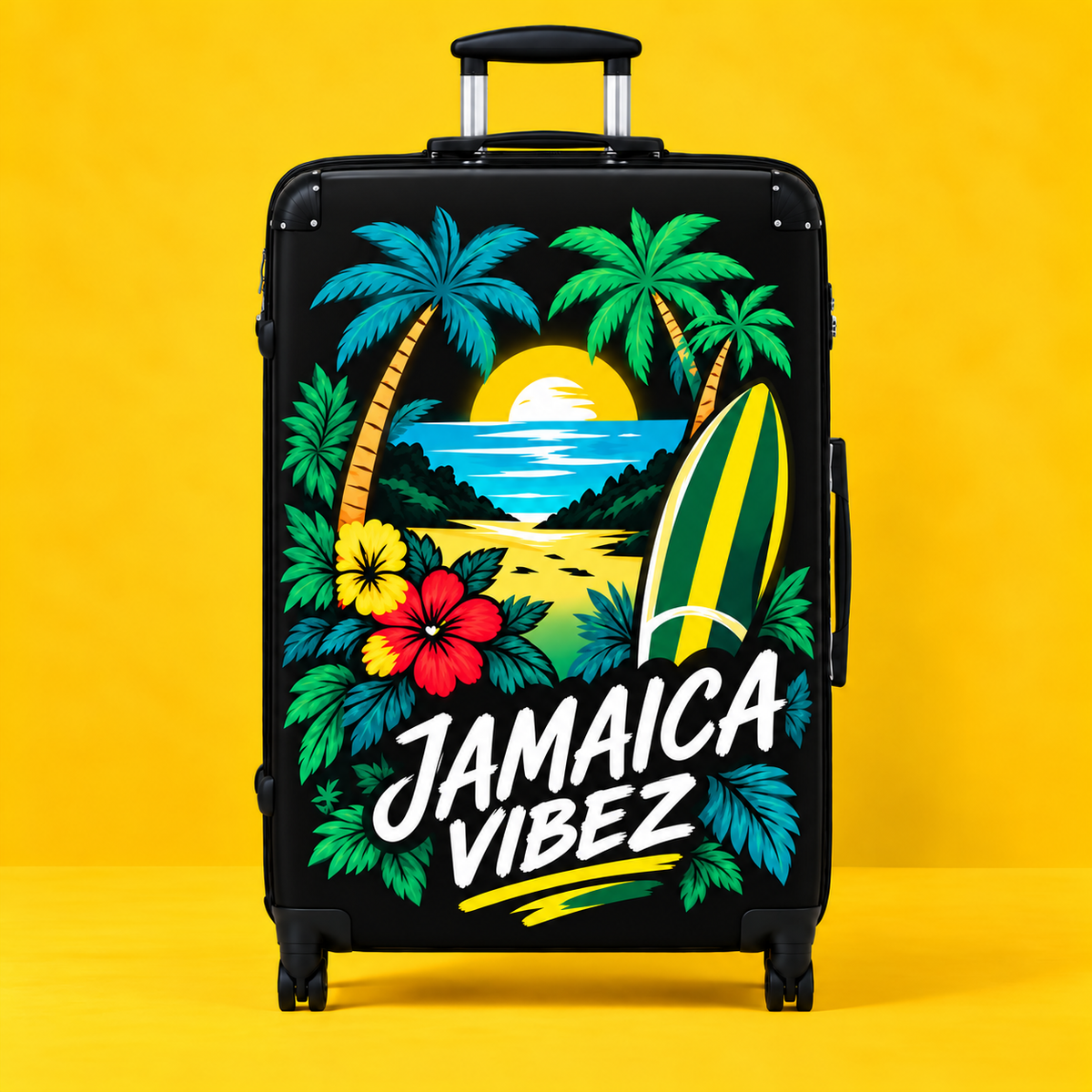 Jamaica Vibez suitcase | Tropical sunset palm trees surfboard luggage