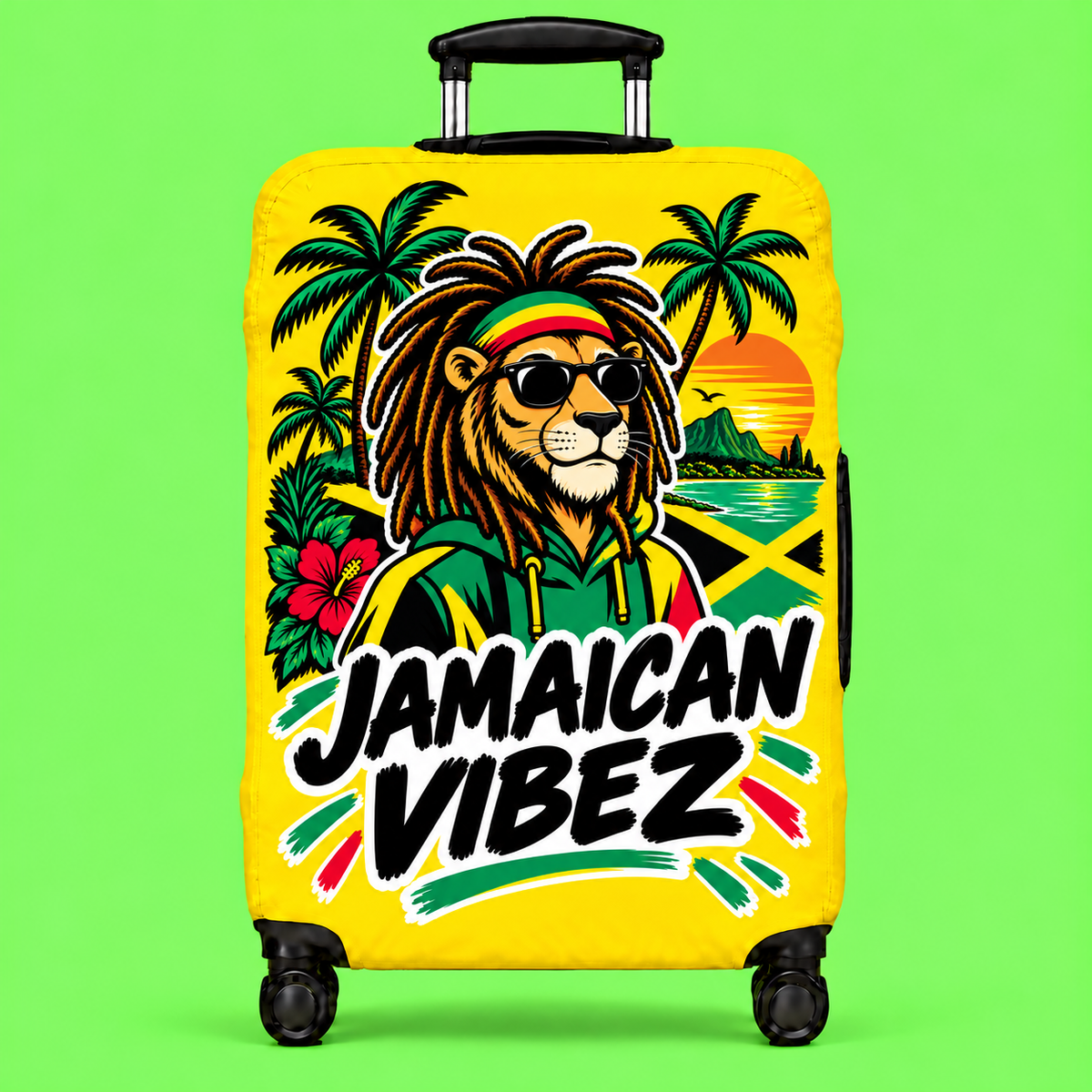 Jamaican Vibez Lion Graphic Luggage Cover | Reggae Rasta Palm Tree Suitcase Sleeve